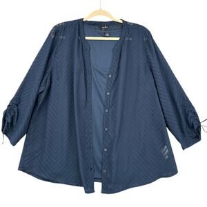 Erika Blue Sheer Patterned Drawstring 3/4 Sleeve Layered Blouse Extra Large‎